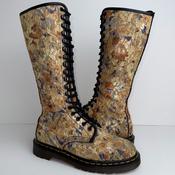 Dr. Martens Shoes - Vintage Dr. Martens Burlap Floral Lace Fabric England Tall Boho Boots UK 5